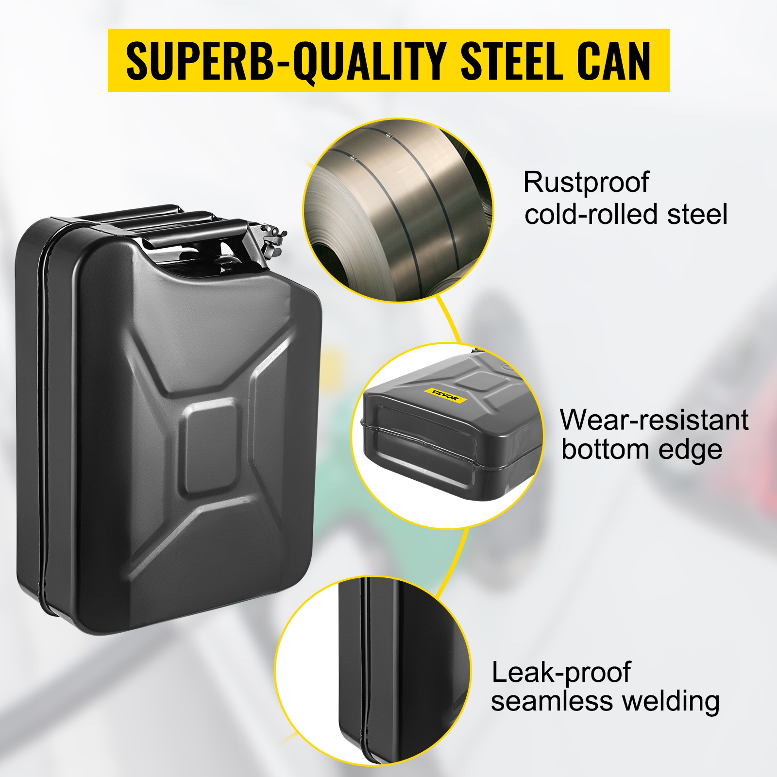 VEVOR jerry fuel can with rustproof cold-rolled steel, wear-resistant bottom edge, and seamless welding.