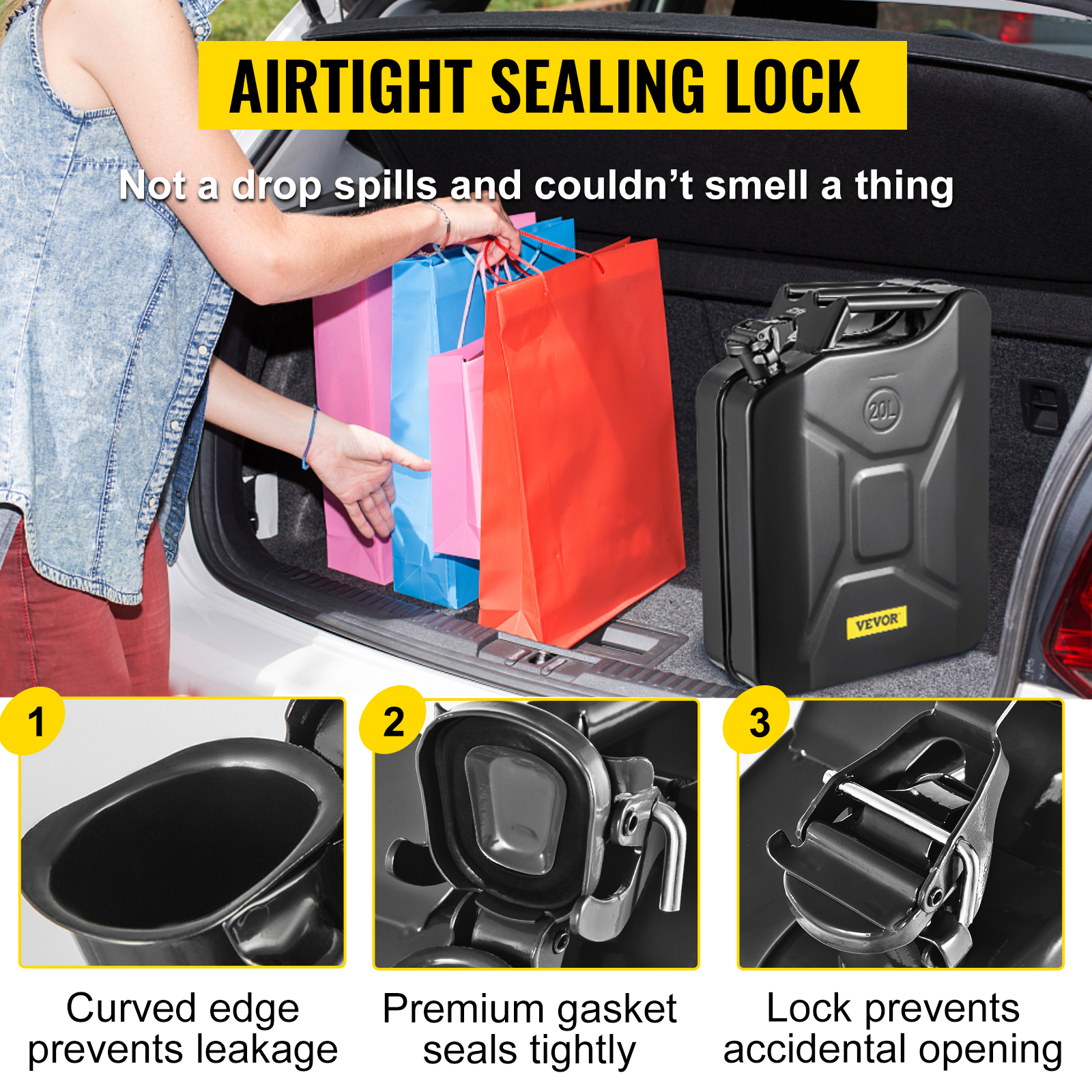 VEVOR jerry fuel can in trunk with shopping bags, featuring airtight sealing lock and curved edge for leak prevention.