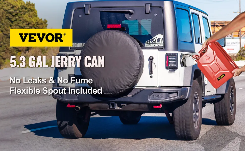 person refueling a white suv with a red VEVOR jerry can, highlighting its no-leak and no-fume features.