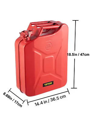 red VEVOR jerry can, 20l capacity, dimensions: 18.5in x 13.58in x 6.69in, robust metal construction.
