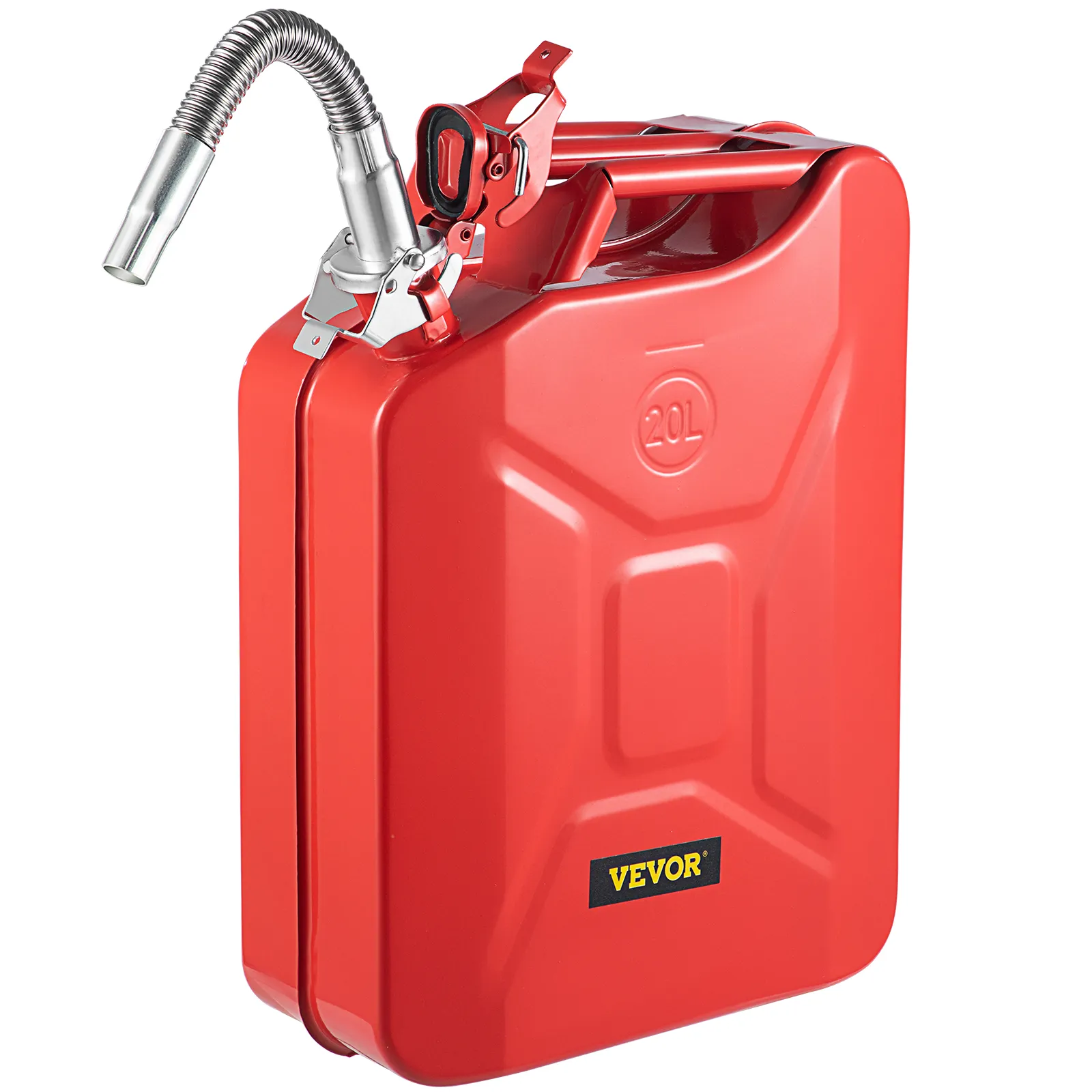 red 20l VEVOR jerry can with metal spout and secure clamp lid.