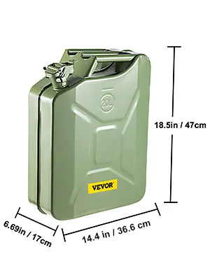 green VEVOR jerry fuel can with dimensions: 18.5in/47cm height, 13.58in/34.5cm length, 6.69in/17cm width.