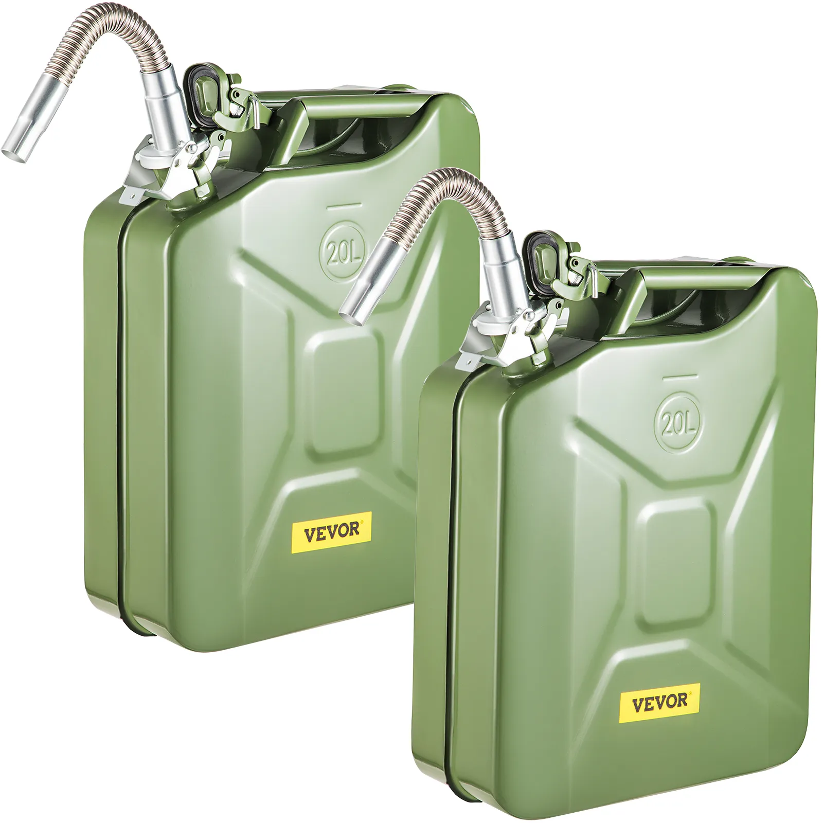 two green 20l VEVOR jerry fuel cans with spouts for efficient liquid transfer.