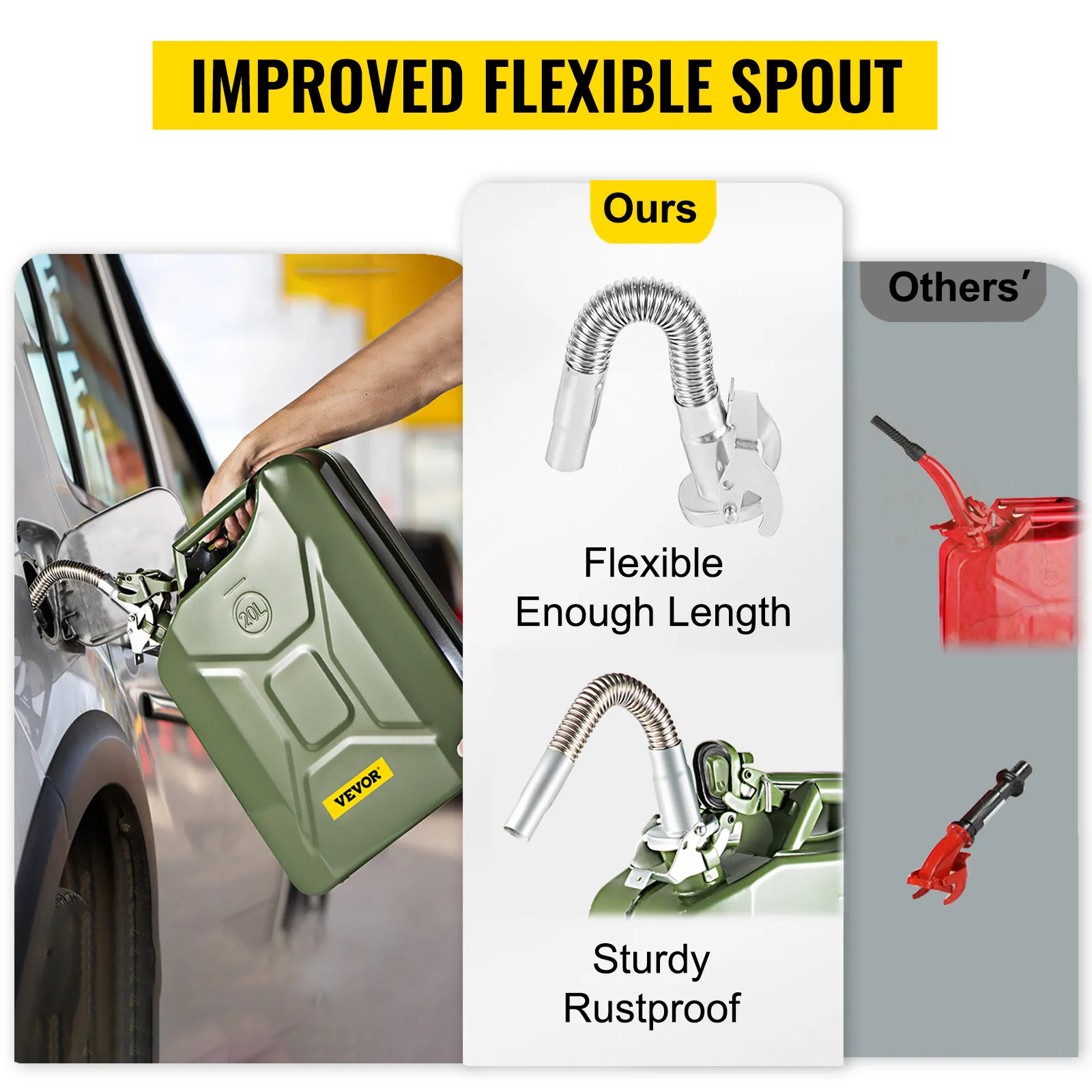 VEVOR jerry fuel can with improved flexible spout, flexible length, and rustproof features.