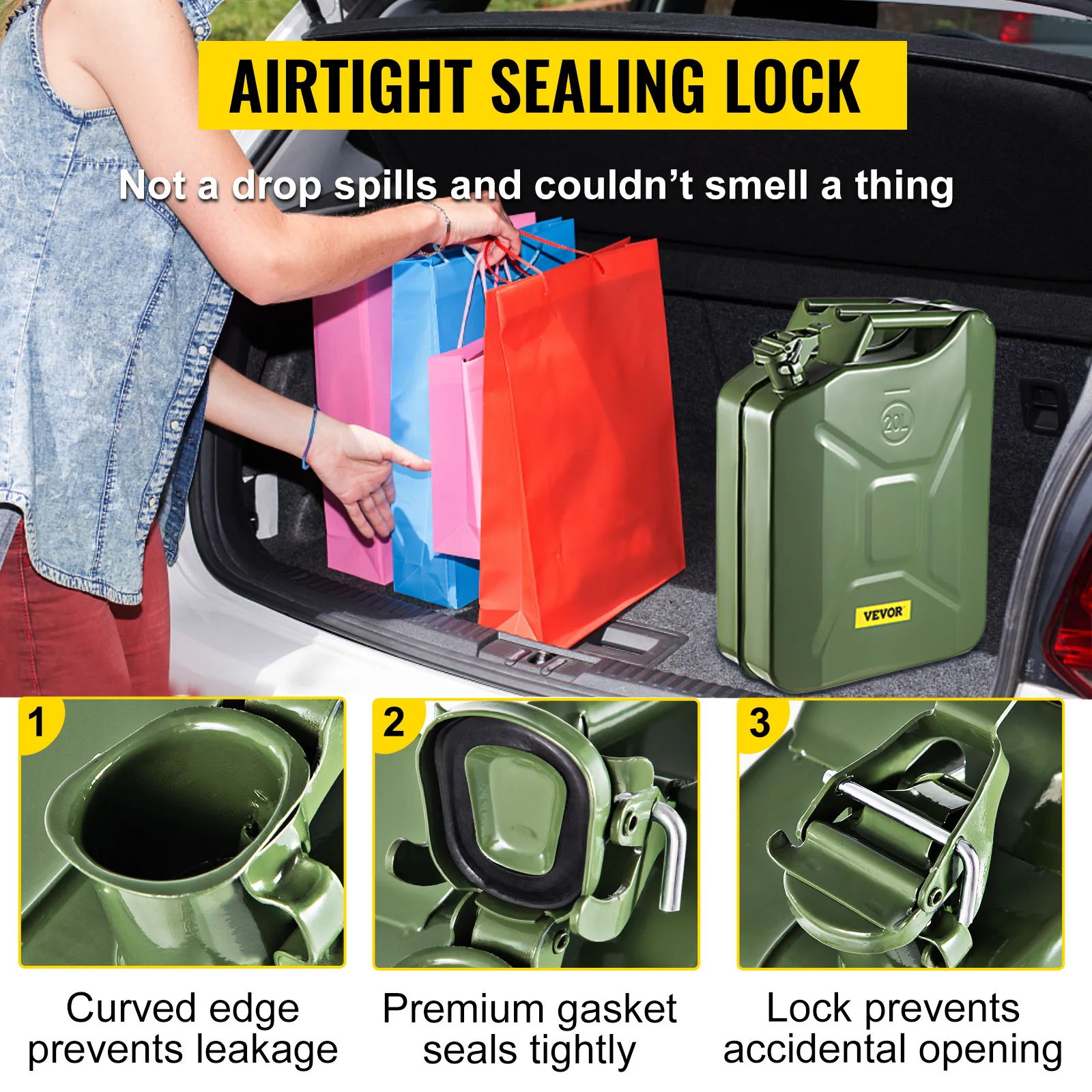 VEVOR jerry fuel can with airtight sealing lock in car trunk, alongside colorful shopping bags.