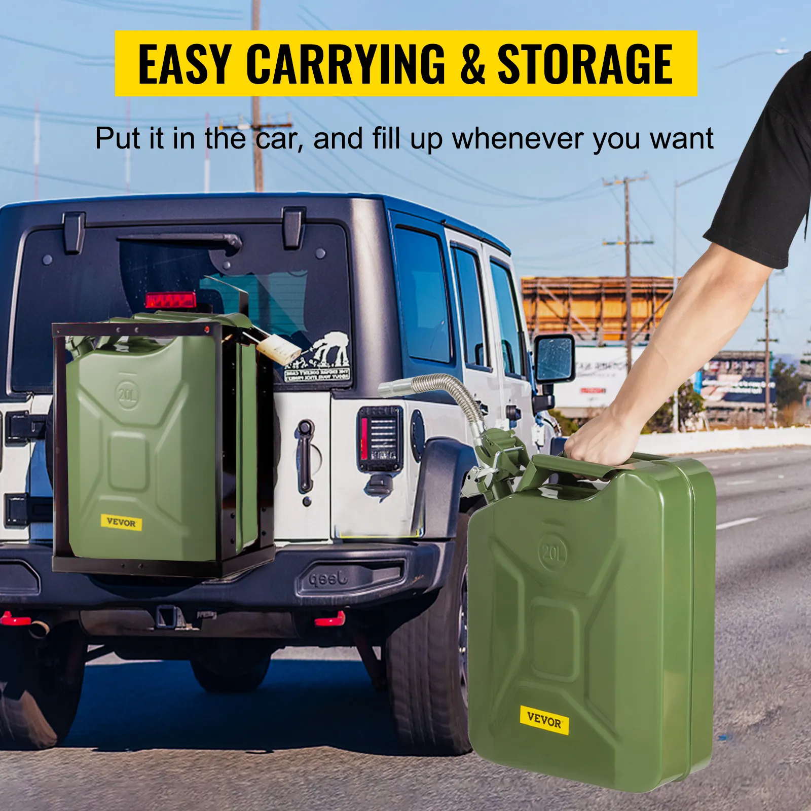 VEVOR jerry fuel can being carried and attached to the back of a white jeep for easy storage.