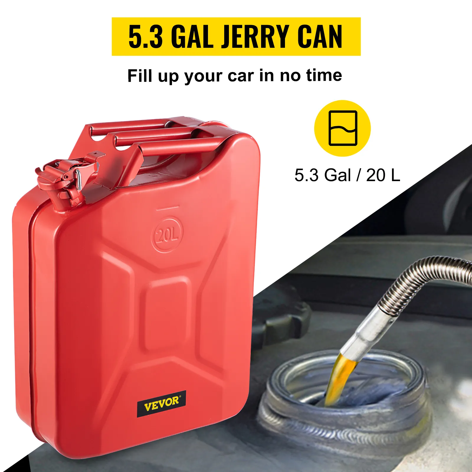 VEVOR jerry fuel can 5.3 gal, red, with text