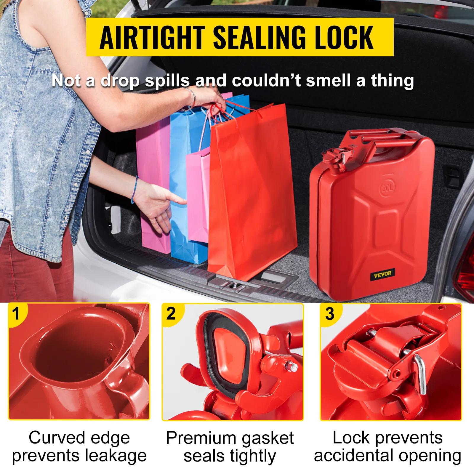 VEVOR jerry fuel can in car trunk with airtight sealing lock, preventing leakage and accidental opening