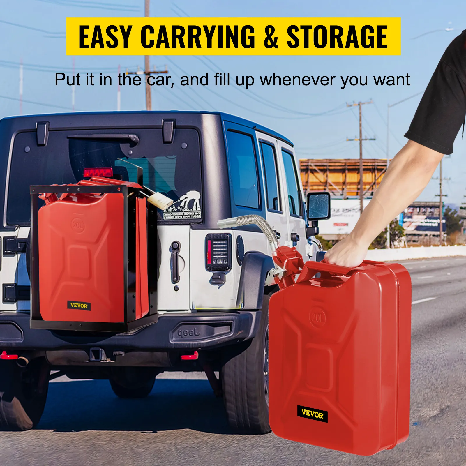 VEVOR jerry fuel can attached to jeep with person holding another can on the road, promoting easy carrying.
