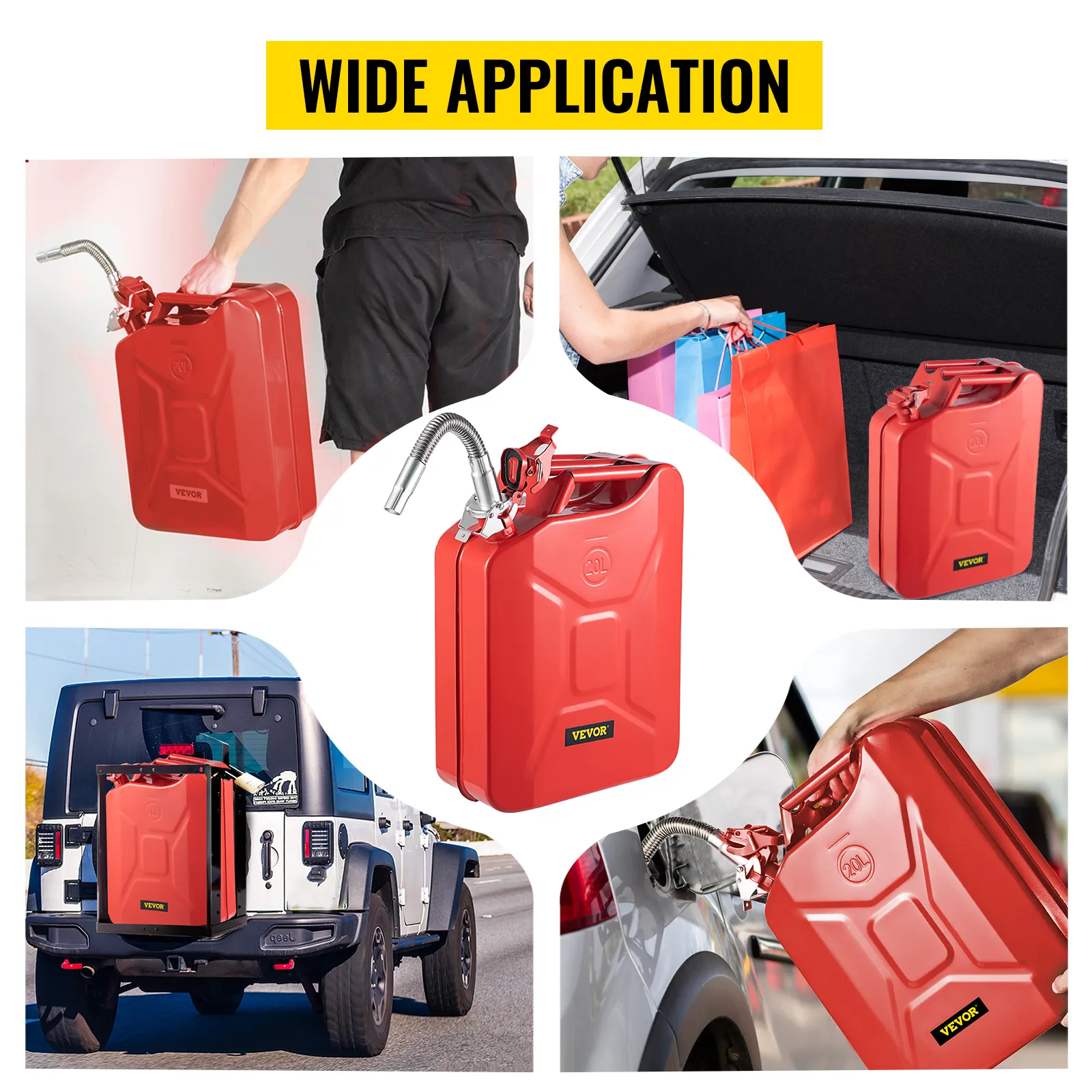 VEVOR jerry fuel can in use for various applications, including refueling and storage, highlighting versatility.