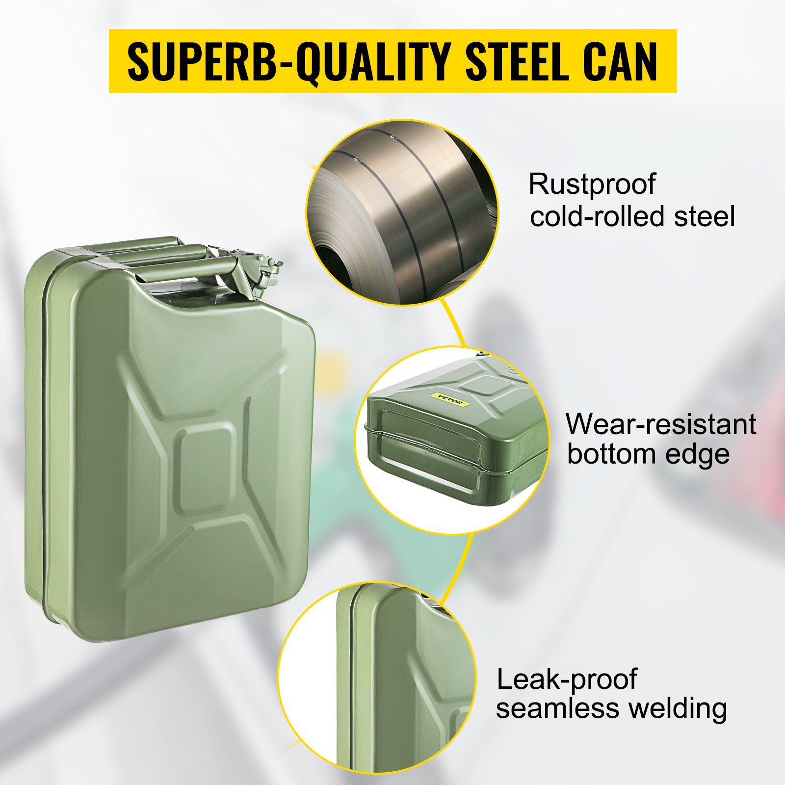 VEVOR jerry fuel can in rustproof cold-rolled steel with wear-resistant bottom edge and leak-proof welding.