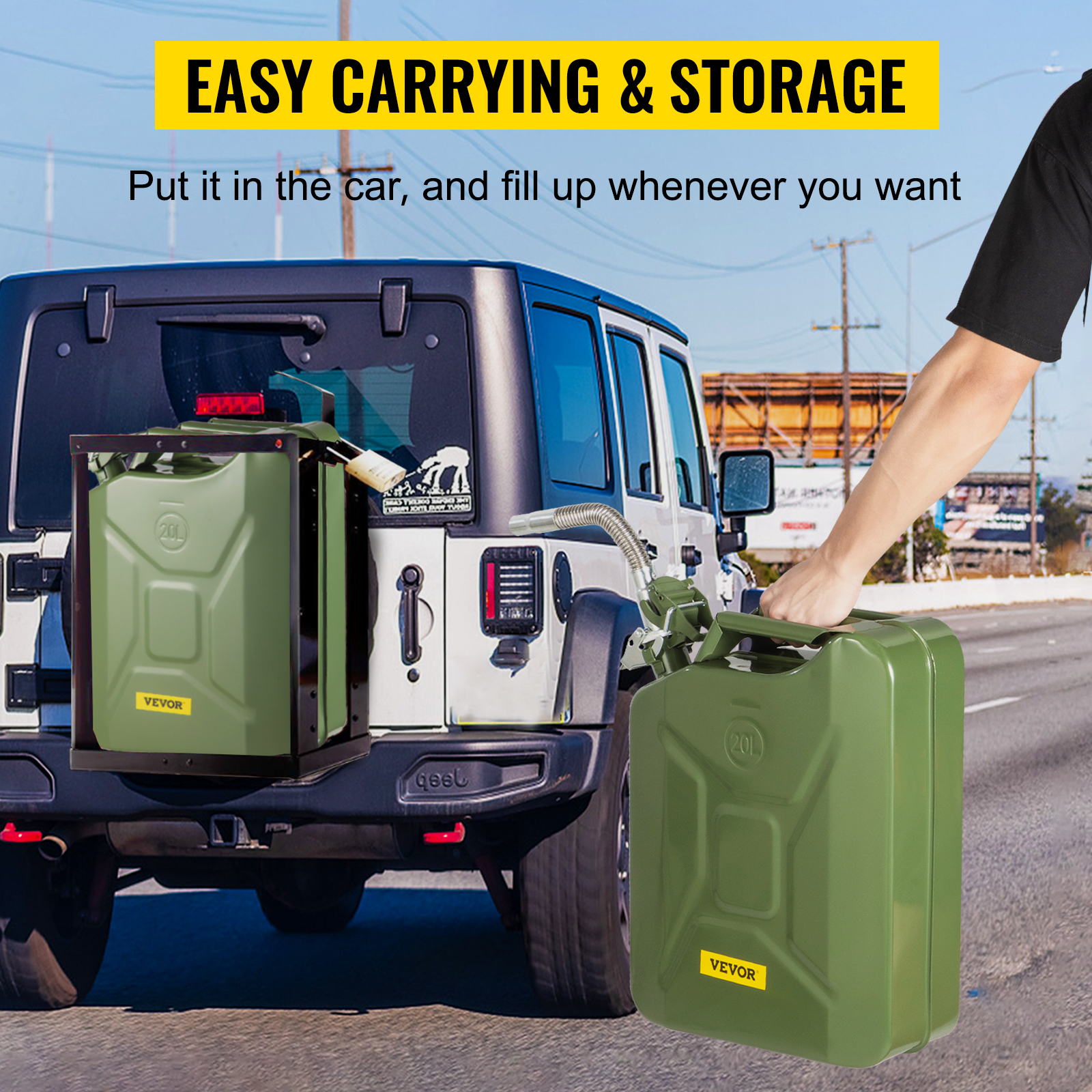person carrying VEVOR jerry fuel can next to a jeep with a mounted fuel can holder. easy carrying & storage.