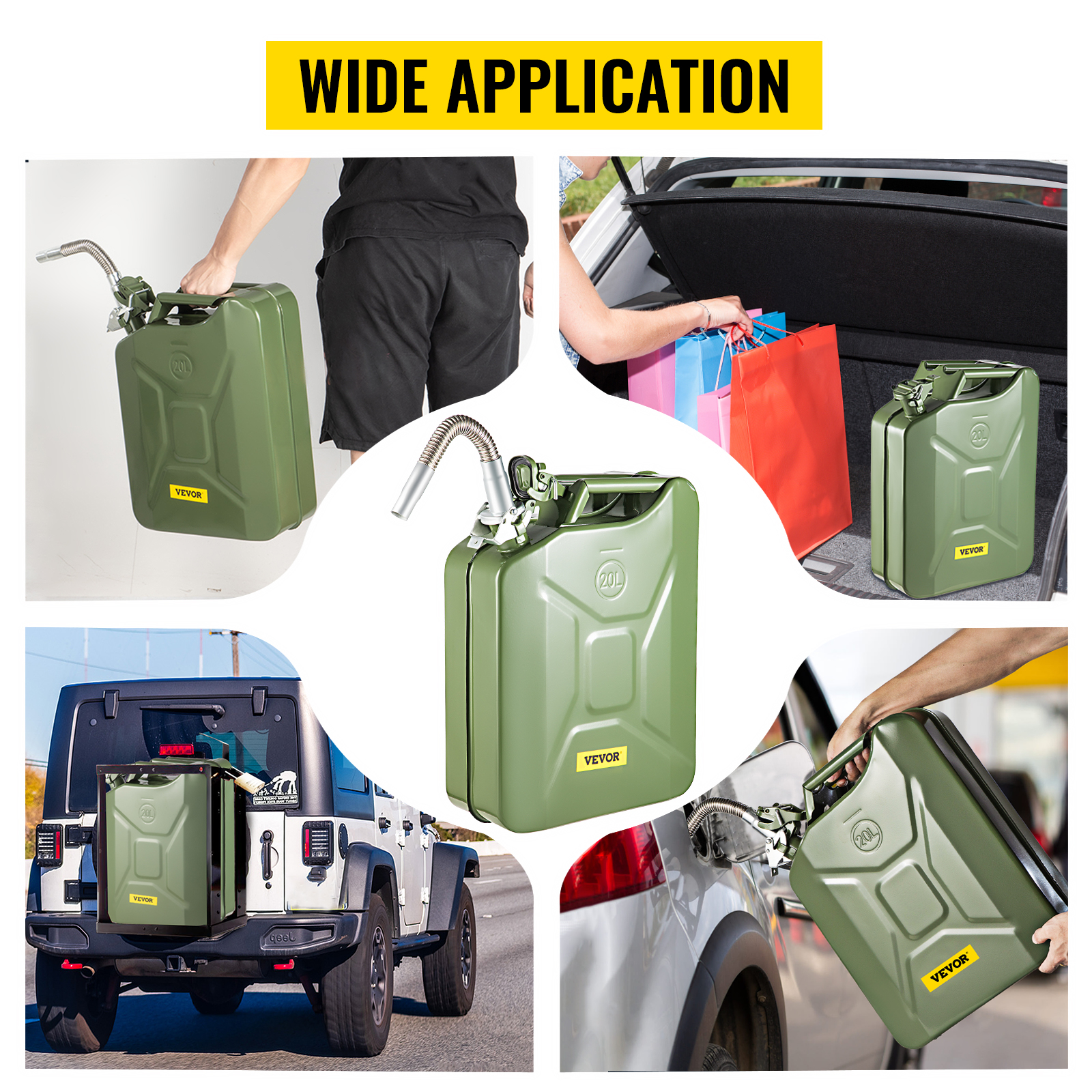 VEVOR jerry fuel can in multiple usage scenarios: carrying, car trunk storage, and refueling. wide application.