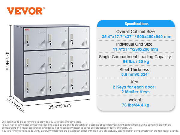 VEVOR metal locker with 6 individual compartments, overall size 35.4"x17.7"x37", dual keys for each door.