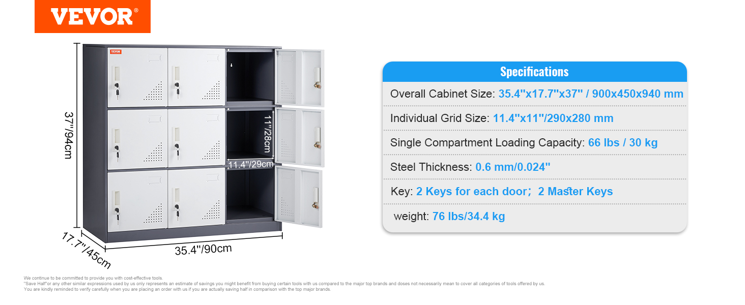 VEVOR metal locker with 6 individual compartments, overall size 35.4"x17.7"x37", dual keys for each door.