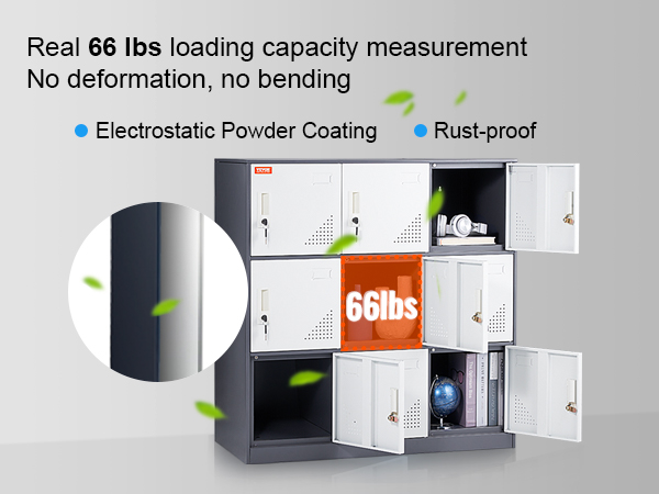 VEVOR metal locker with 66 lbs capacity, rust-proof and electrostatic powder coating. multiple compartments.