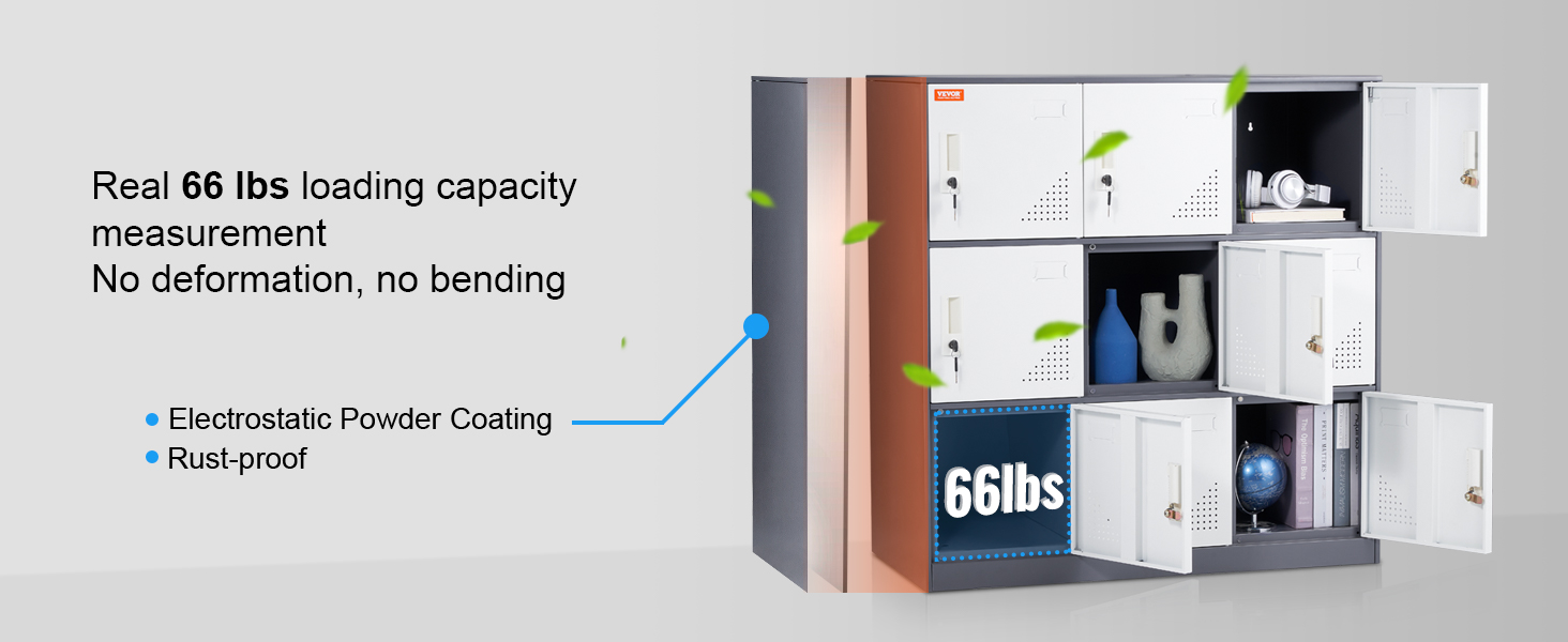 VEVOR metal locker with 66 lbs capacity, rust-proof and electrostatic powder coating. multiple compartments.