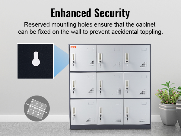 VEVOR metal locker featuring enhanced security with mounting holes, next to potted plants and a chair.