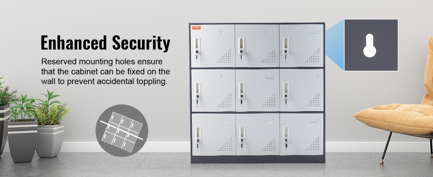 VEVOR metal locker featuring enhanced security with mounting holes, next to potted plants and a chair.