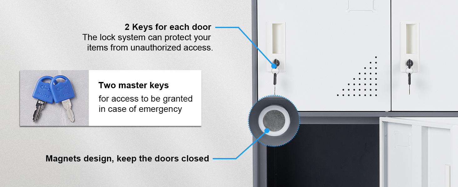 VEVOR metal locker with dual key system and magnetic closure for secure storage and easy access.