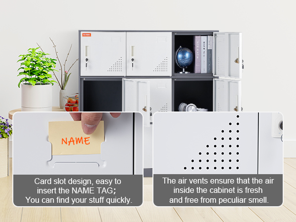 VEVOR metal locker with card slot for name tag and air vents for freshness.