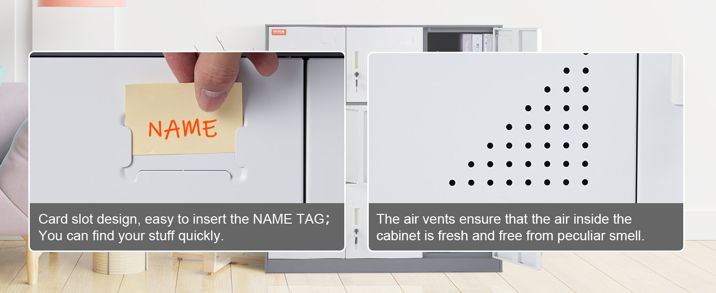 VEVOR metal locker with card slot for name tag and air vents for freshness.