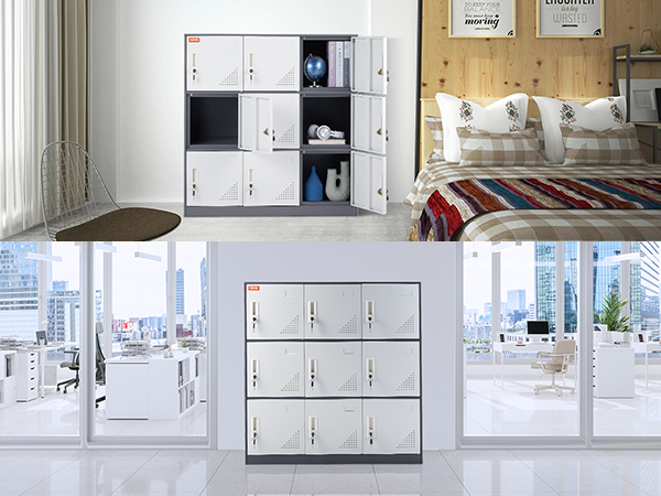 VEVOR metal locker in office and home settings with various decor styles.