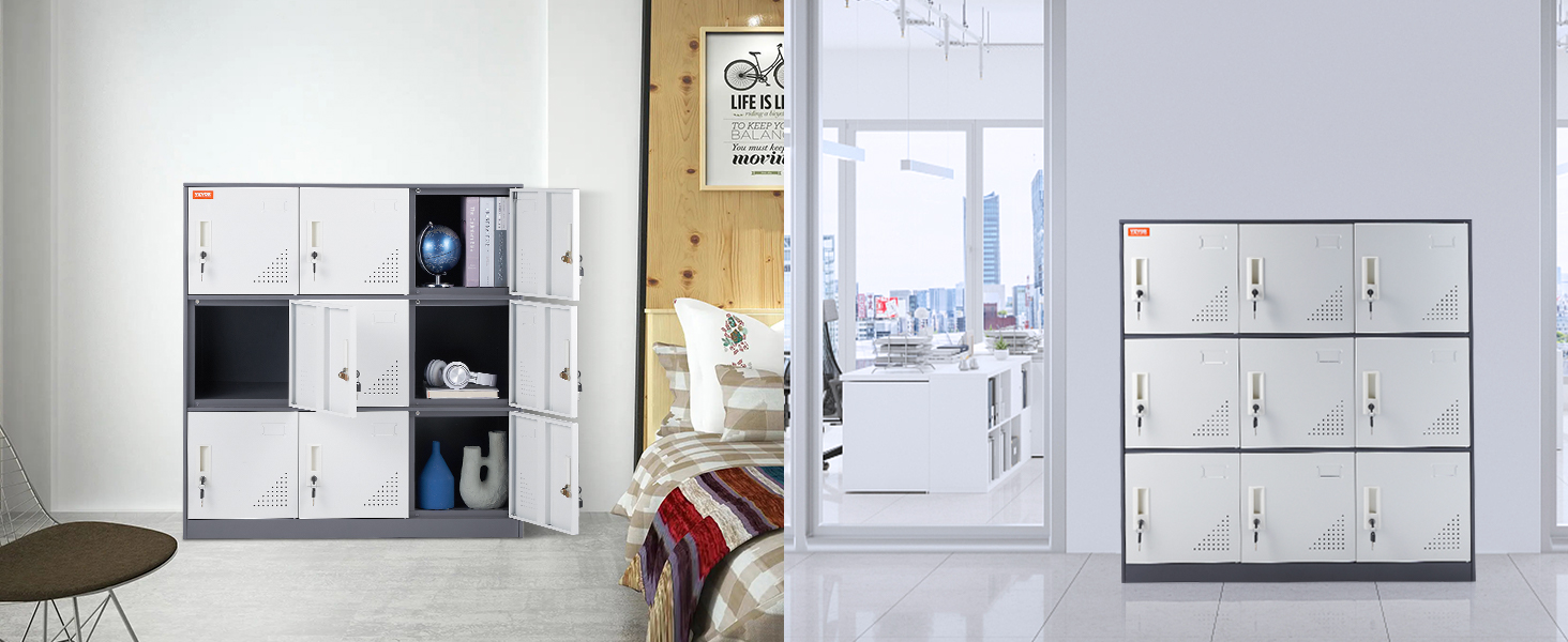 VEVOR metal locker in office and home settings with various decor styles.