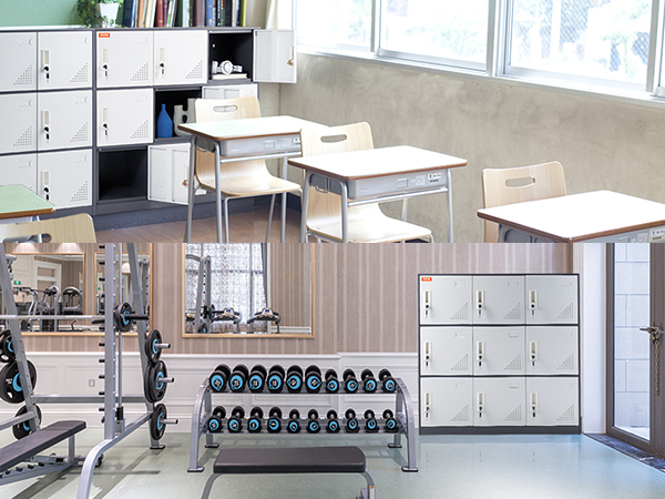 VEVOR metal locker used in both classroom and gym settings for secure storage.