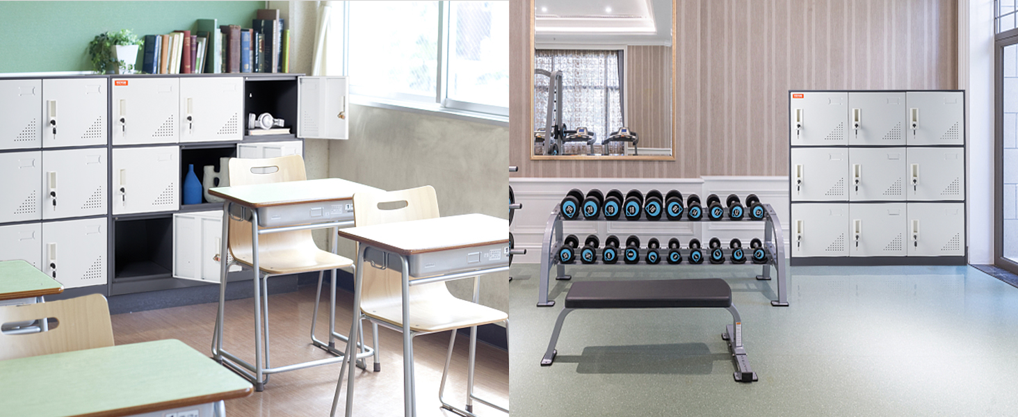 VEVOR metal locker used in both classroom and gym settings for secure storage.