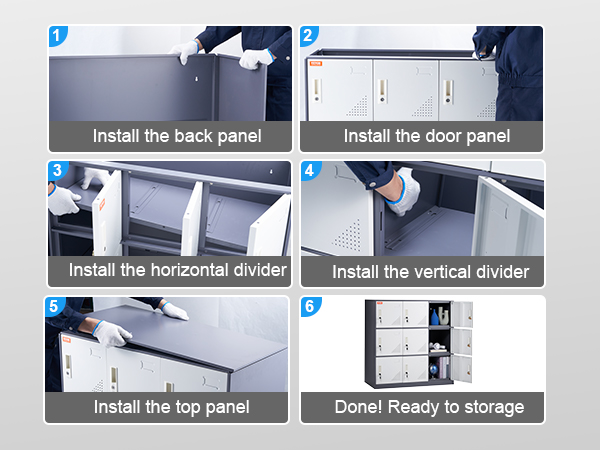 steps to assemble VEVOR metal locker: back panel, door panel, horizontal and vertical dividers, top panel.