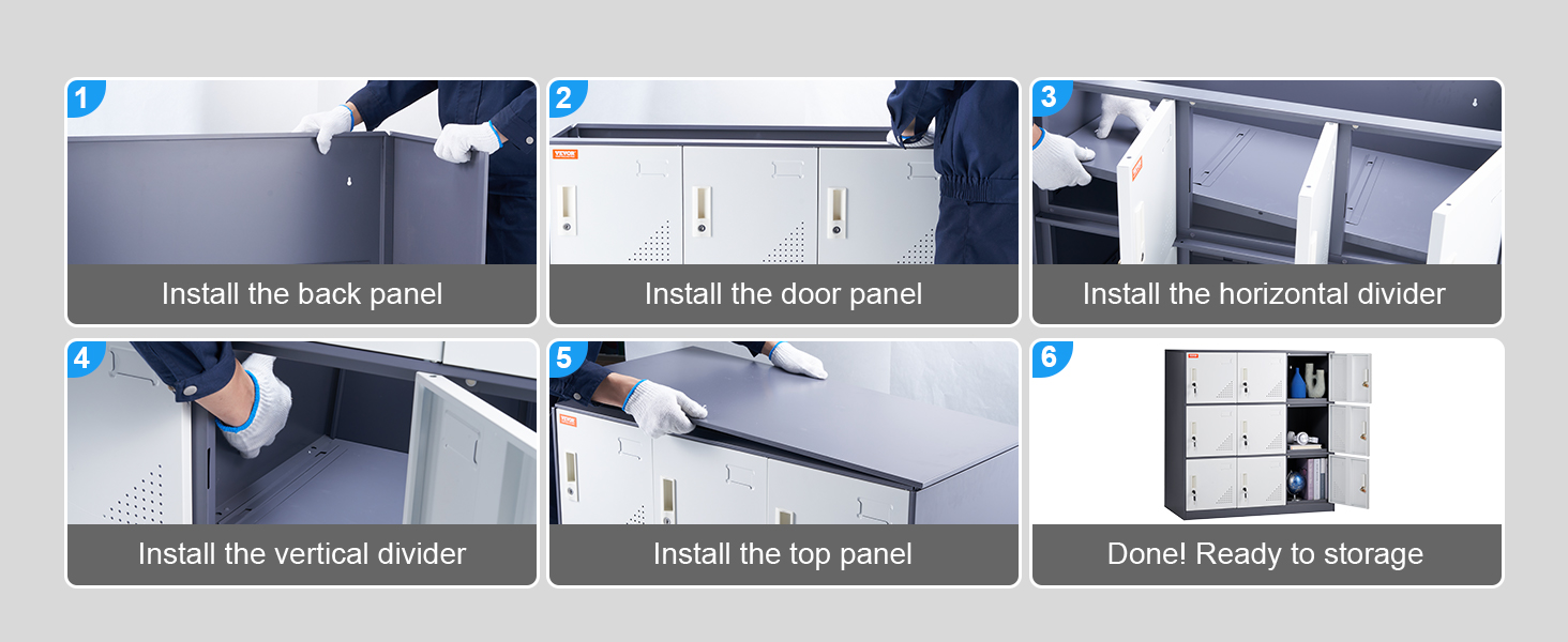 steps to assemble VEVOR metal locker: back panel, door panel, horizontal and vertical dividers, top panel.