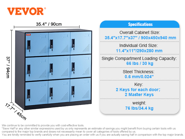 VEVOR metal locker, 6 blue compartments, size: 35.4"x17.7"x37", with specifications shown.