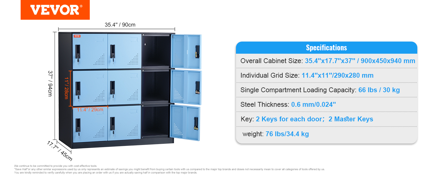 VEVOR metal locker, 6 blue compartments, size: 35.4"x17.7"x37", with specifications shown.