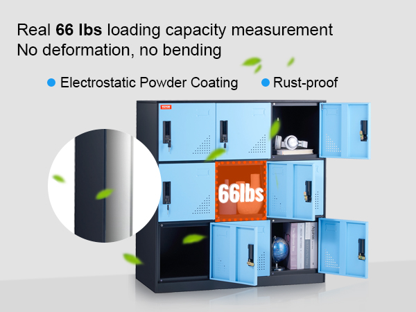 VEVOR metal locker with 66 lbs load capacity, electrostatic powder coating, and rust-proof design.