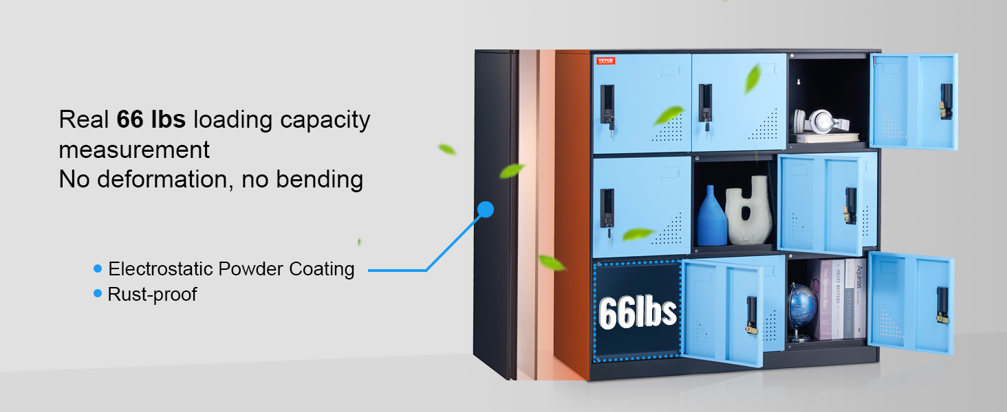 VEVOR metal locker with 66 lbs load capacity, electrostatic powder coating, and rust-proof design.