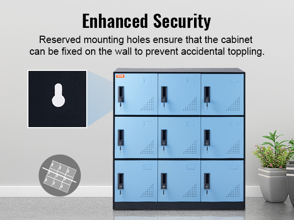 VEVOR metal locker with enhanced security features, blue doors, and black locks, positioned next to plants and a chair.