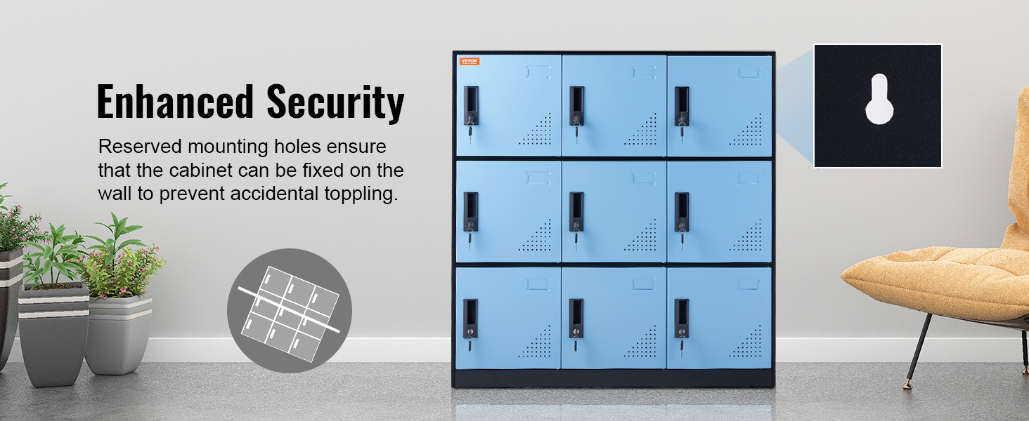 VEVOR metal locker with enhanced security features, blue doors, and black locks, positioned next to plants and a chair.