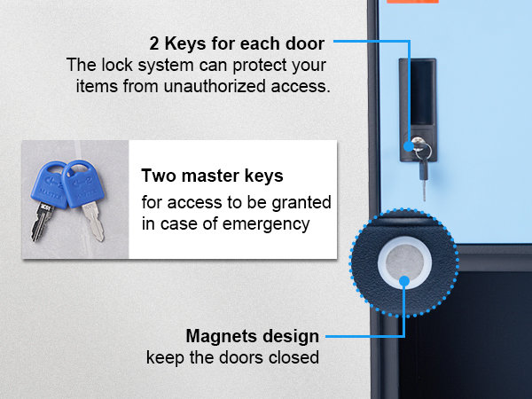 VEVOR metal locker with keys, master key, and magnet design for secure storage and emergency access.