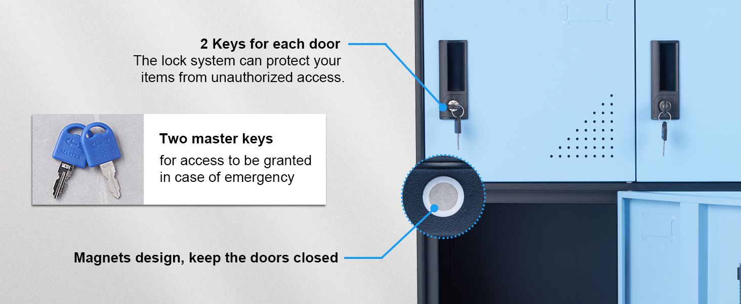 VEVOR metal locker with keys, master key, and magnet design for secure storage and emergency access.