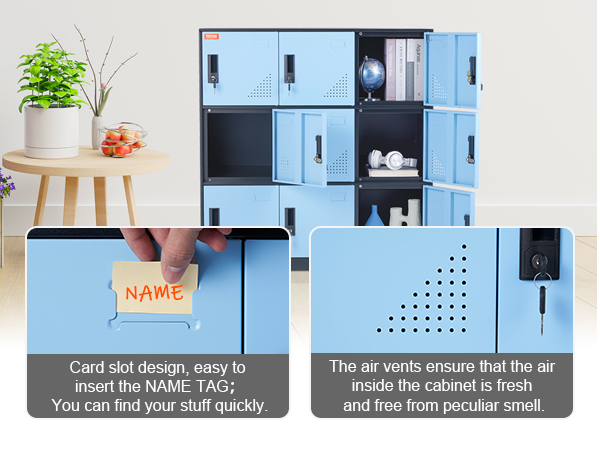 VEVOR metal locker with card slot for easy name tag insertion and air vents for fresh interior.