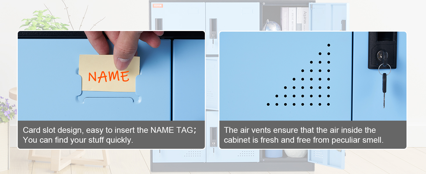 VEVOR metal locker with card slot for easy name tag insertion and air vents for fresh interior.