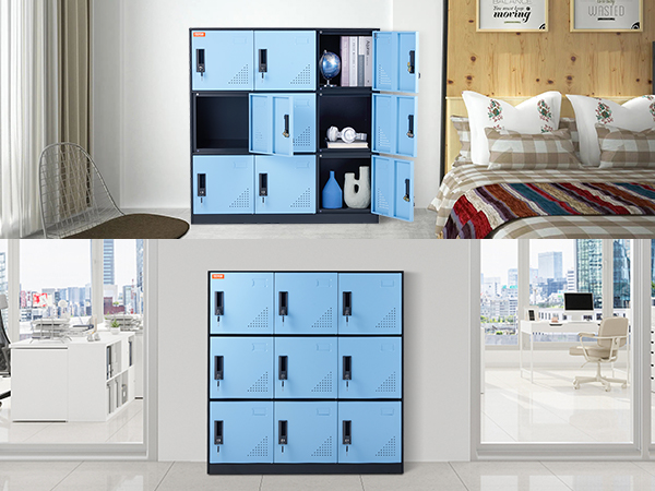 blue VEVOR metal lockers in home and office settings, with multiple compartments, secure locks, and modern design.