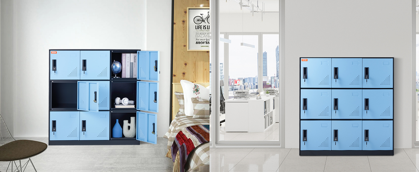 blue VEVOR metal lockers in home and office settings, with multiple compartments, secure locks, and modern design.