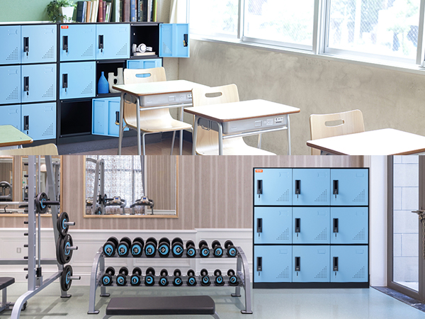 classroom and gym area with blue VEVOR metal lockers for secure storage.