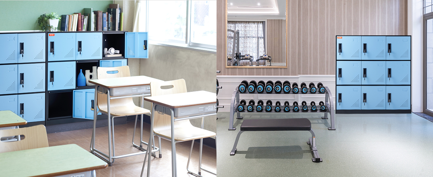classroom and gym area with blue VEVOR metal lockers for secure storage.