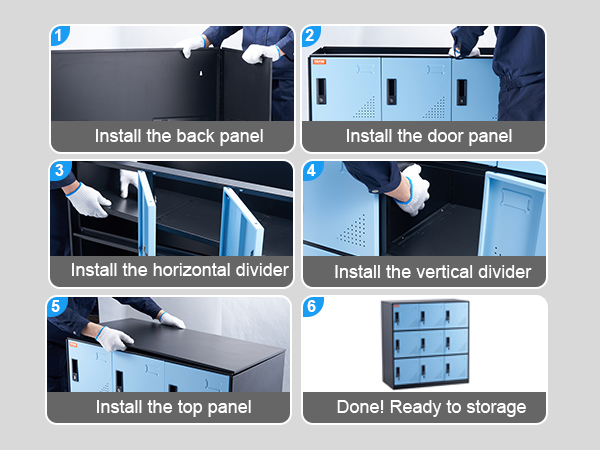 Етапи складання металевої шафки VEVOR: задня панель, дверна панель, горизонтальні та вертикальні роздільники.