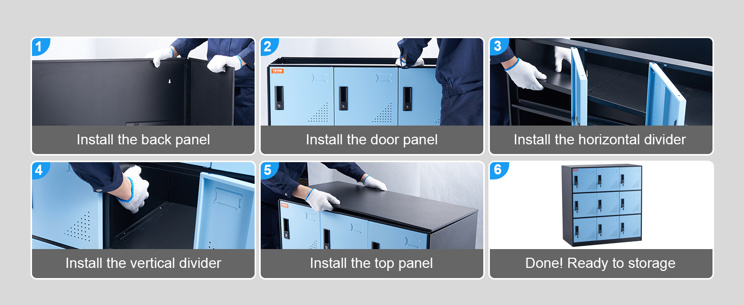 Етапи складання металевої шафки VEVOR: задня панель, дверна панель, горизонтальні та вертикальні роздільники.