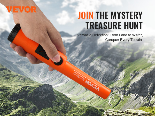 hand holding VEVOR metal detector pinpointer against scenic mountain background. join the treasure hunt.
