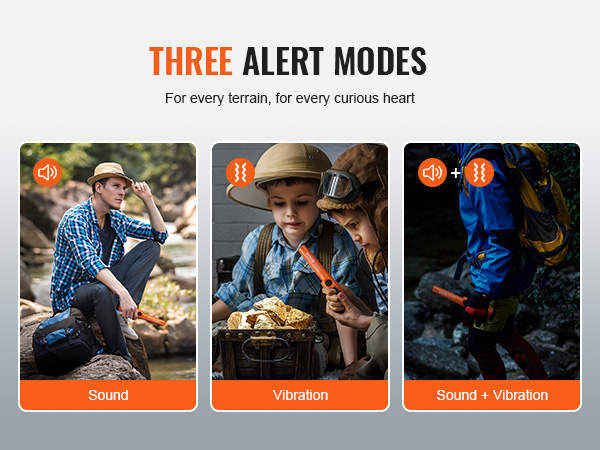 three alert modes of the VEVOR metal detector pinpointer: sound, vibration, sound + vibration.